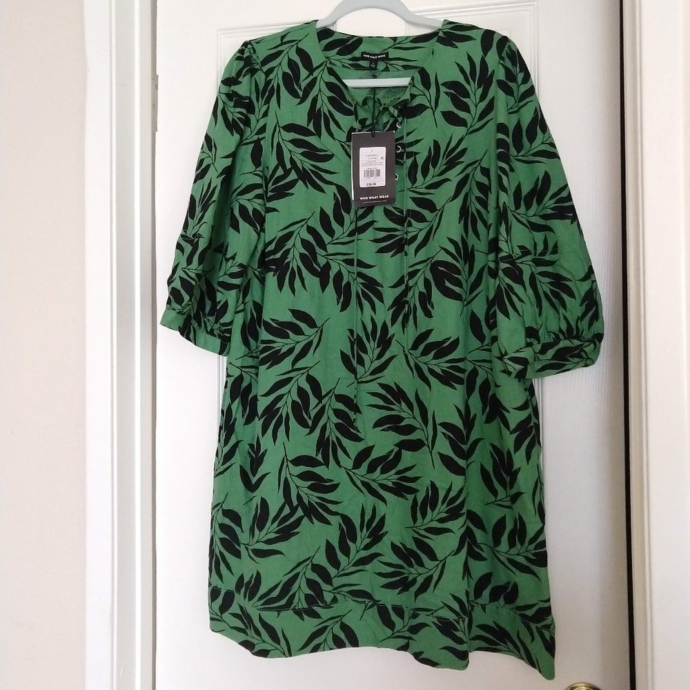 NWT Women's 3/4 Sleeve Linen Lace-Up Shift Dress - Green Palm - Small